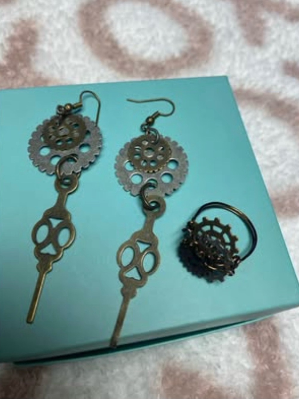 Steampunk Gear & Clock Hand Earrings with Matching Ring (size 6)
